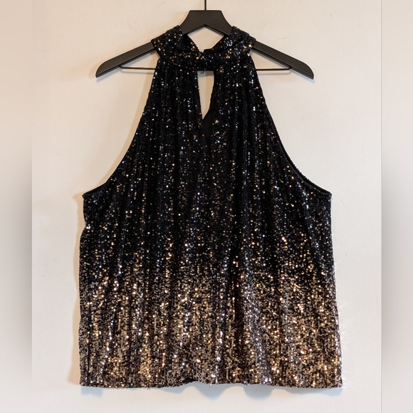 The Limited Tops - The Limited 2X Sequin Halter Top Black Gold Ombre Party Holiday Club Plus Classy